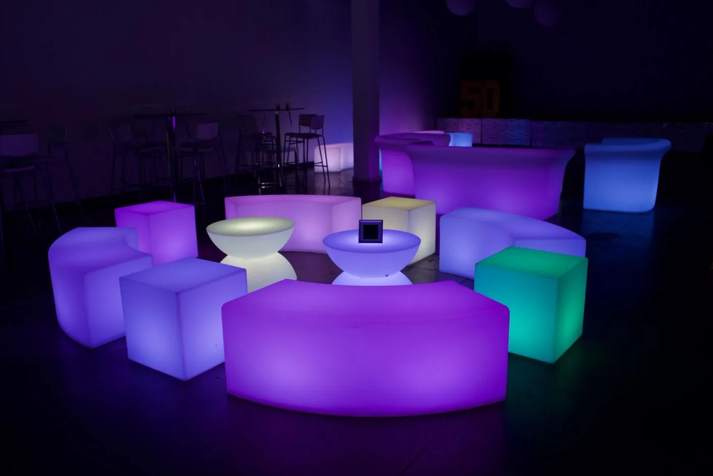 LED glow furniture, dance floors, and lighting at South Florida events by Glow Lounge Rentals